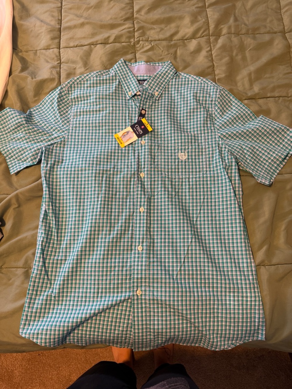 NWT Chaps Teal and White Check Short-Sleeve Button-Down Shirt